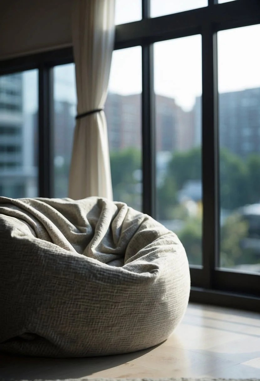 Bean Bag Chair By A Window with A Side Table and Throw Blanket