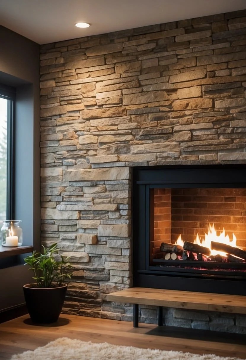 Textured Stone Accent Wall With Fireplace