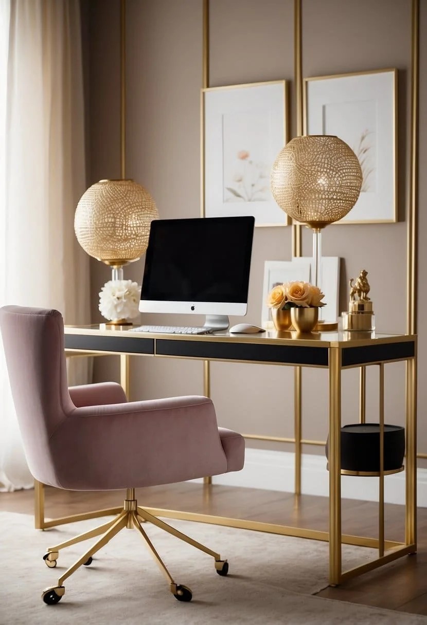 Elegant Feminine Home Office With Gold Accents