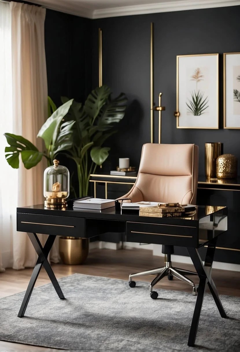 Sophisticated Feminine Home Office With Black Accents