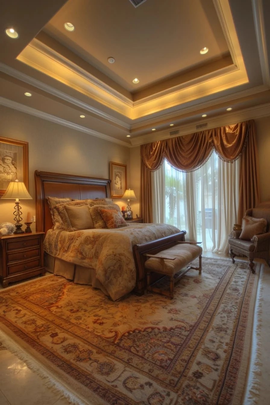 Romantic Master Bedroom with Soft Lighting Tray Ceiling