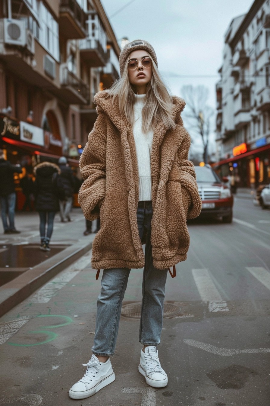 Teddy Bear Coat and Sneakers