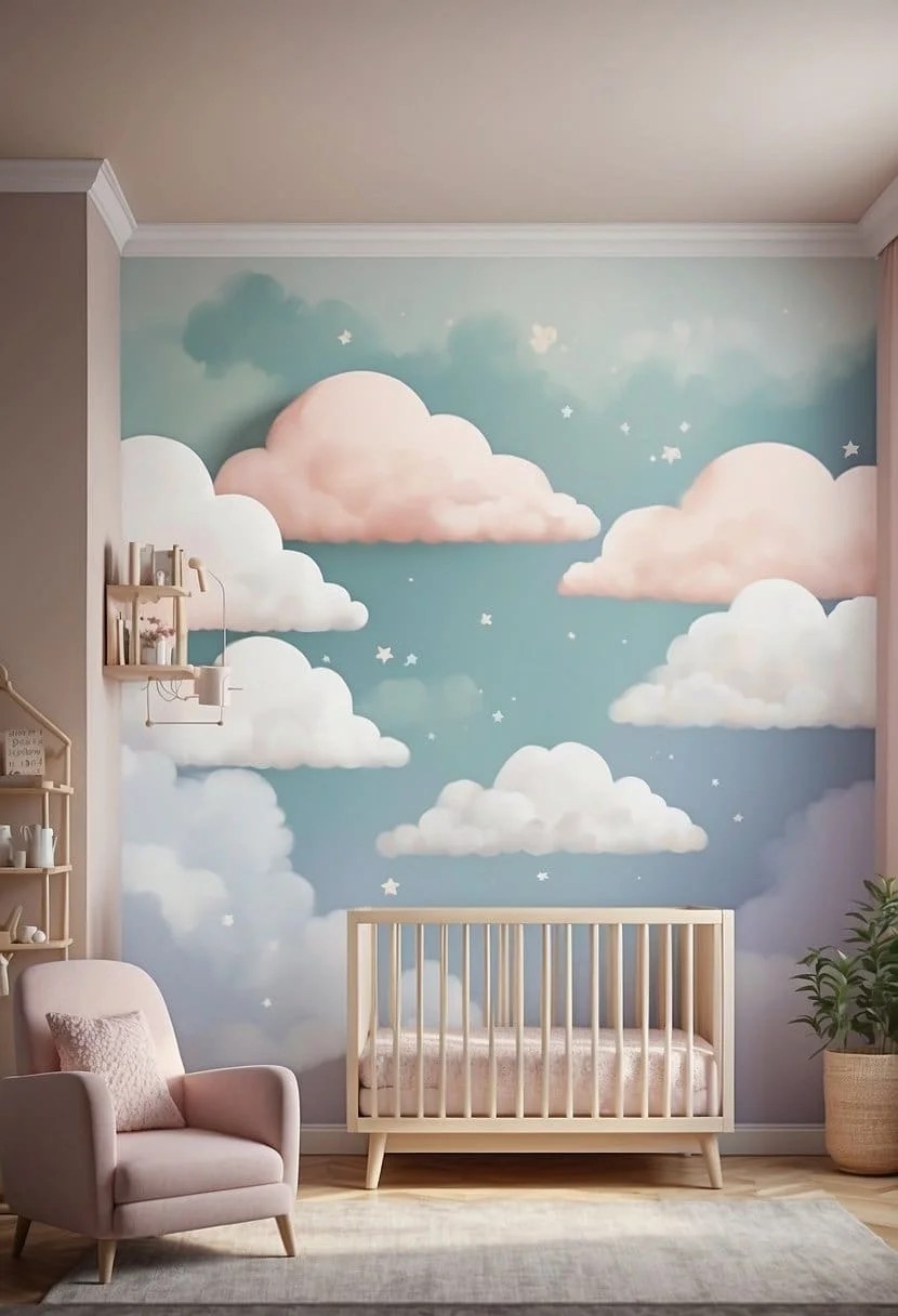 Dreamy Cloud Mural on A Nursery Accent Wall