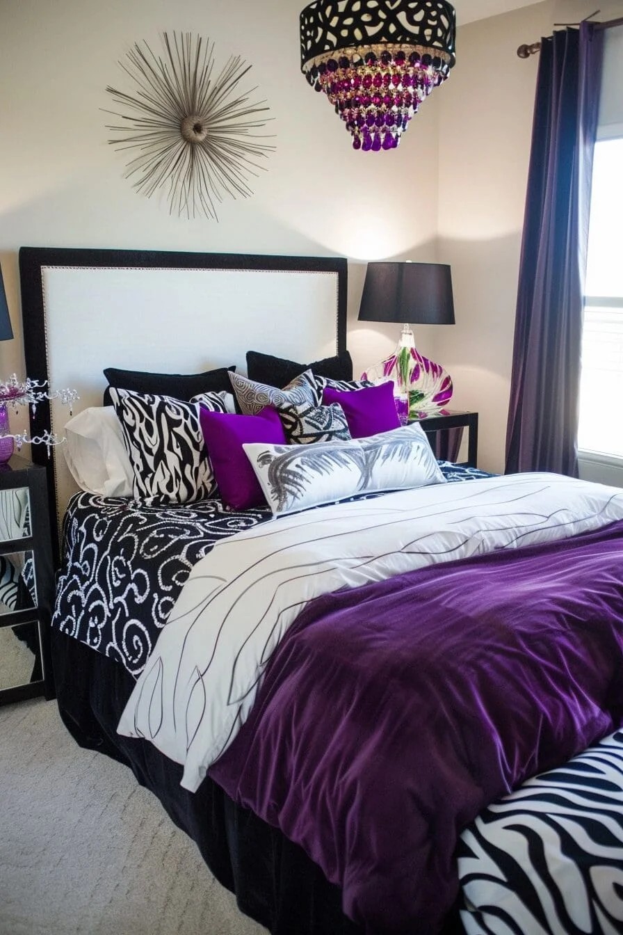 Black and White Bedding with Purple Accents