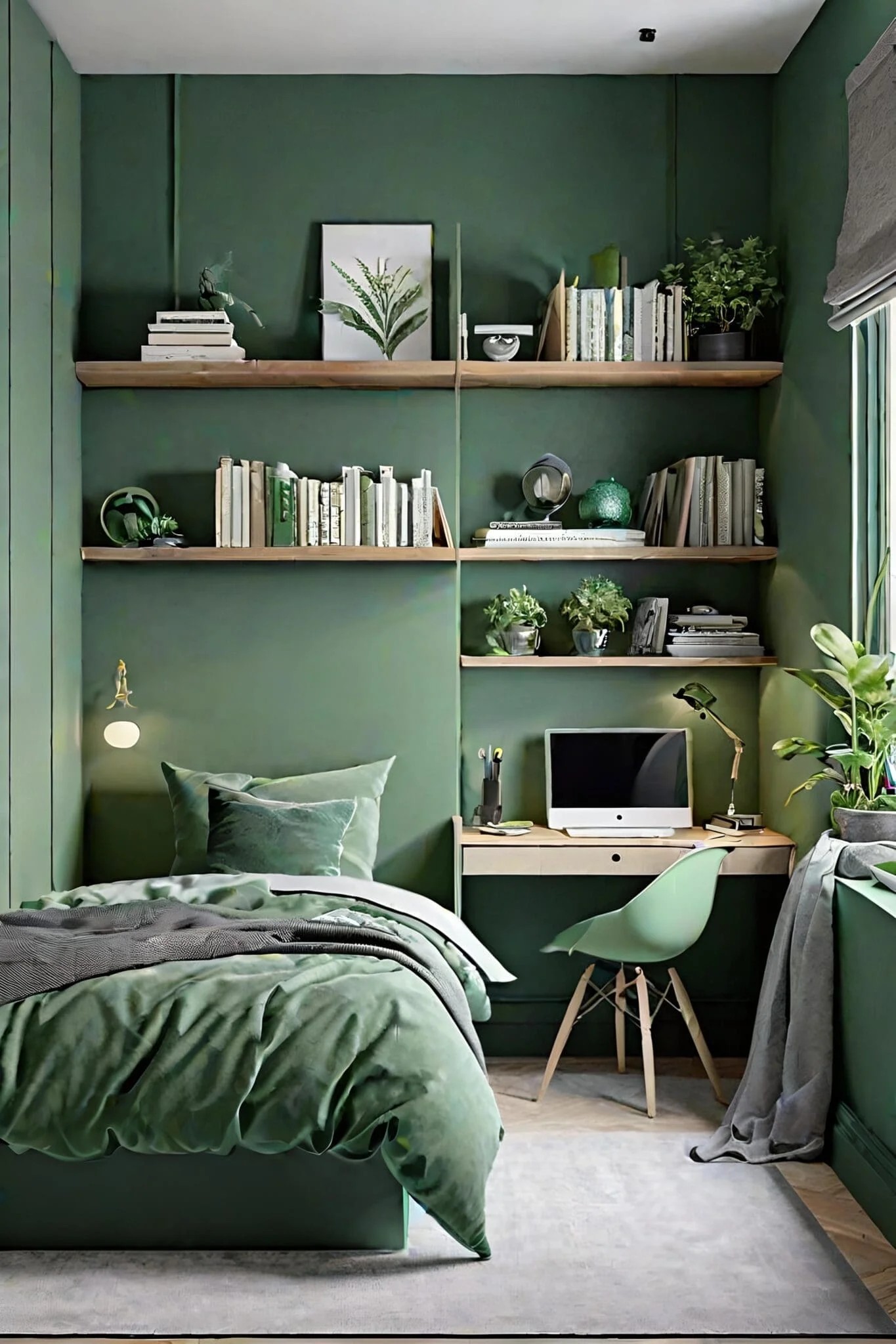 Sage Green Bedroom With A Compact Study Nook