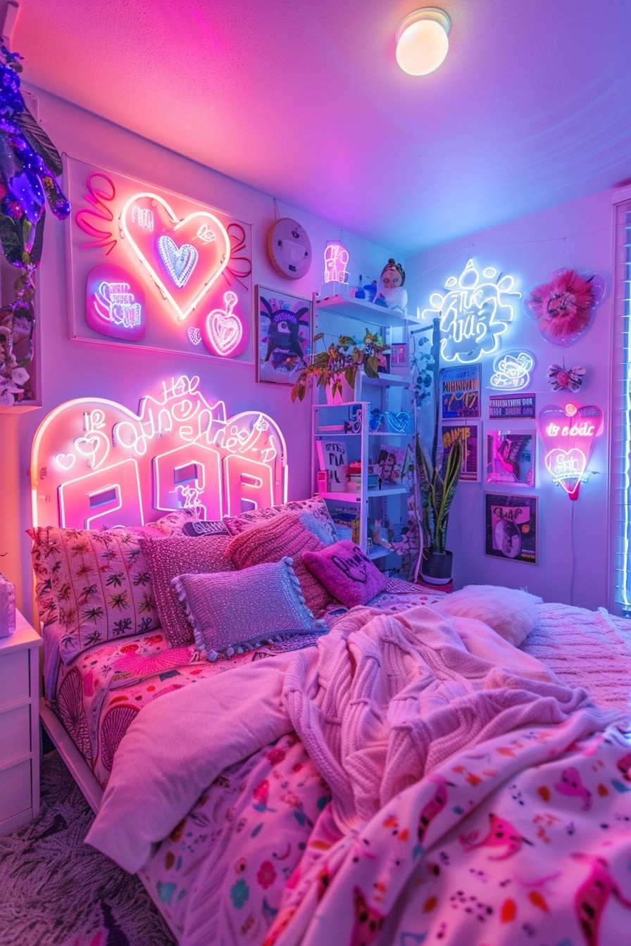 Girl’s Bedroom with Neon Signs