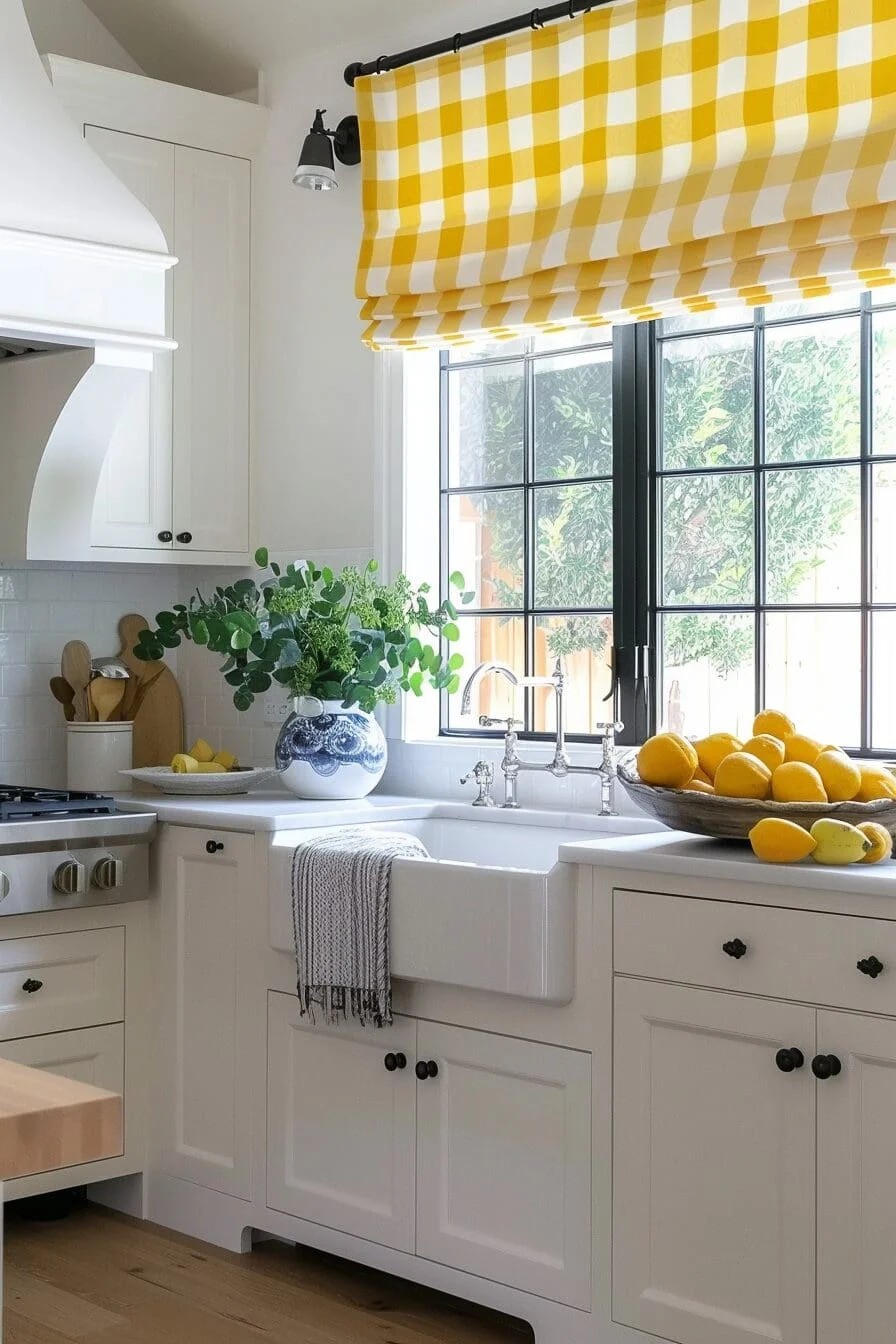 Playful Yellow and White Gingham Kitchen Curtains