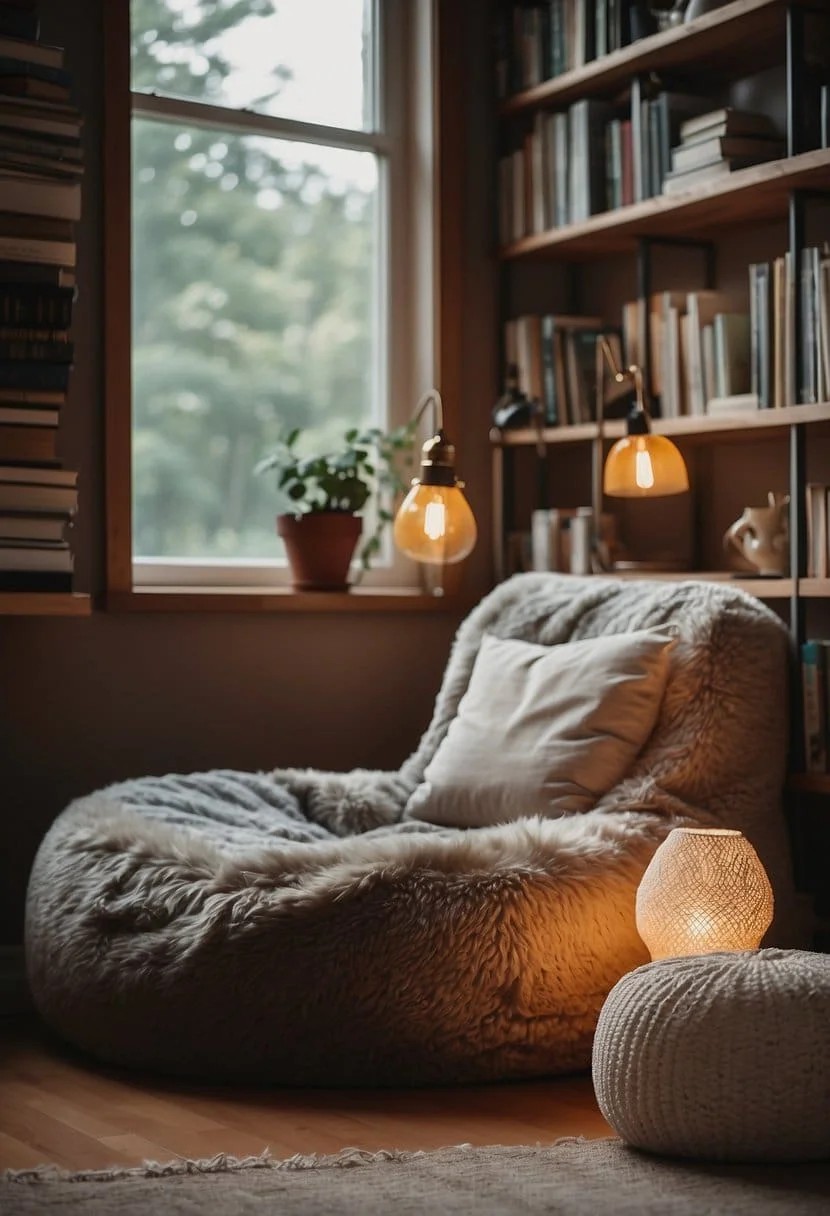 Bean Bags in A Reading Nook with A Lamp and Bookshelf