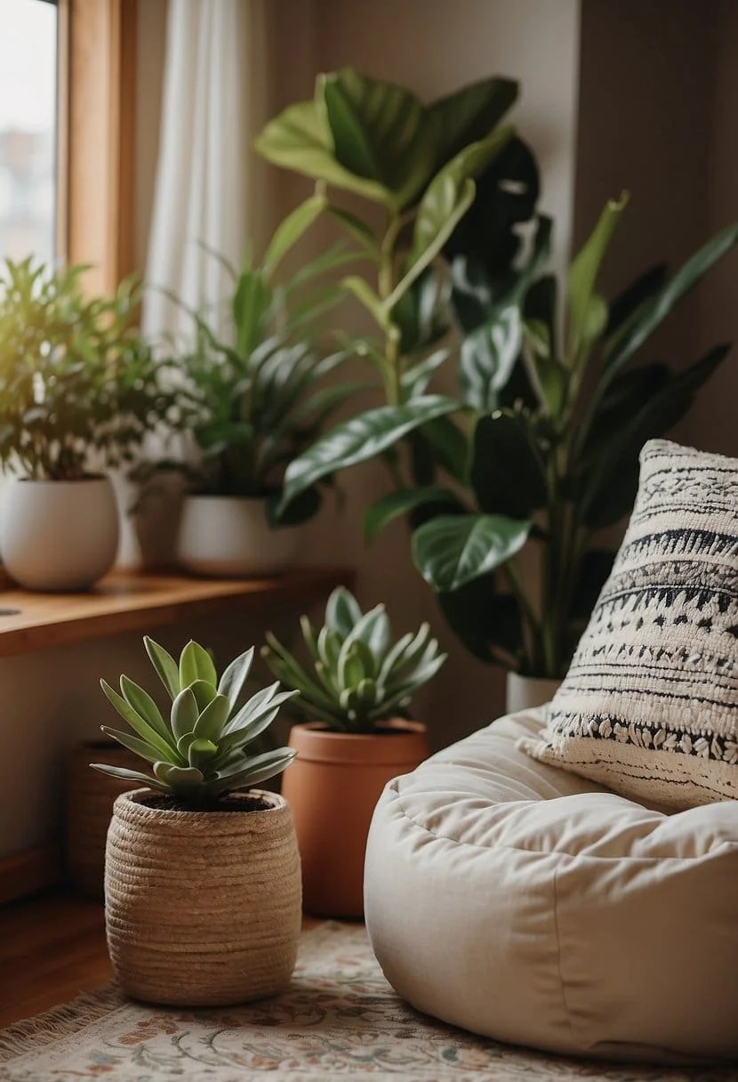 Bean Bags Around a Plant Stand for Natural Seating