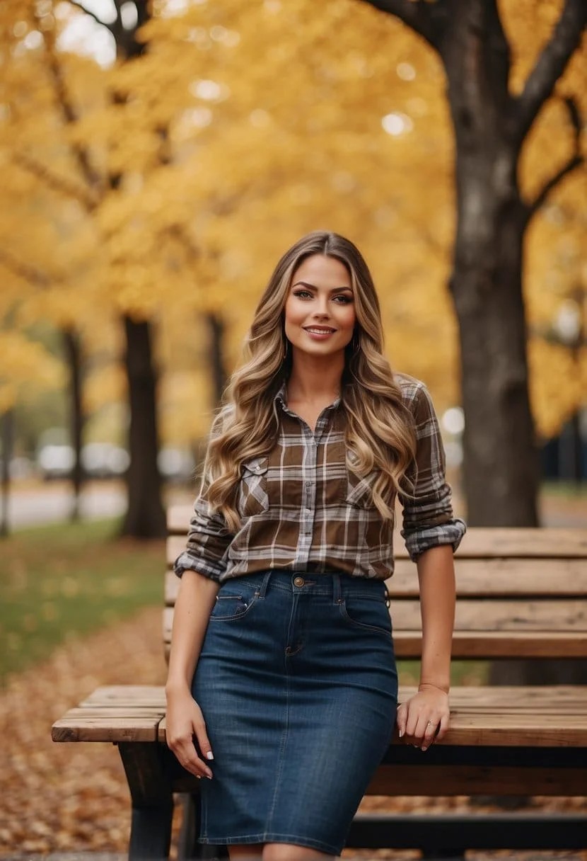 Plaid Shirt and Denim Skirt