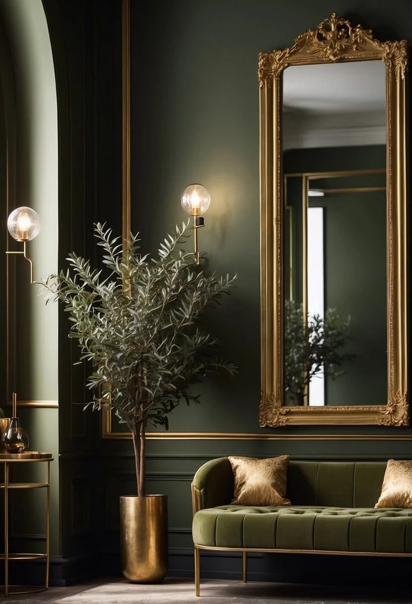 Olive Green Walls with Gold Mirrors