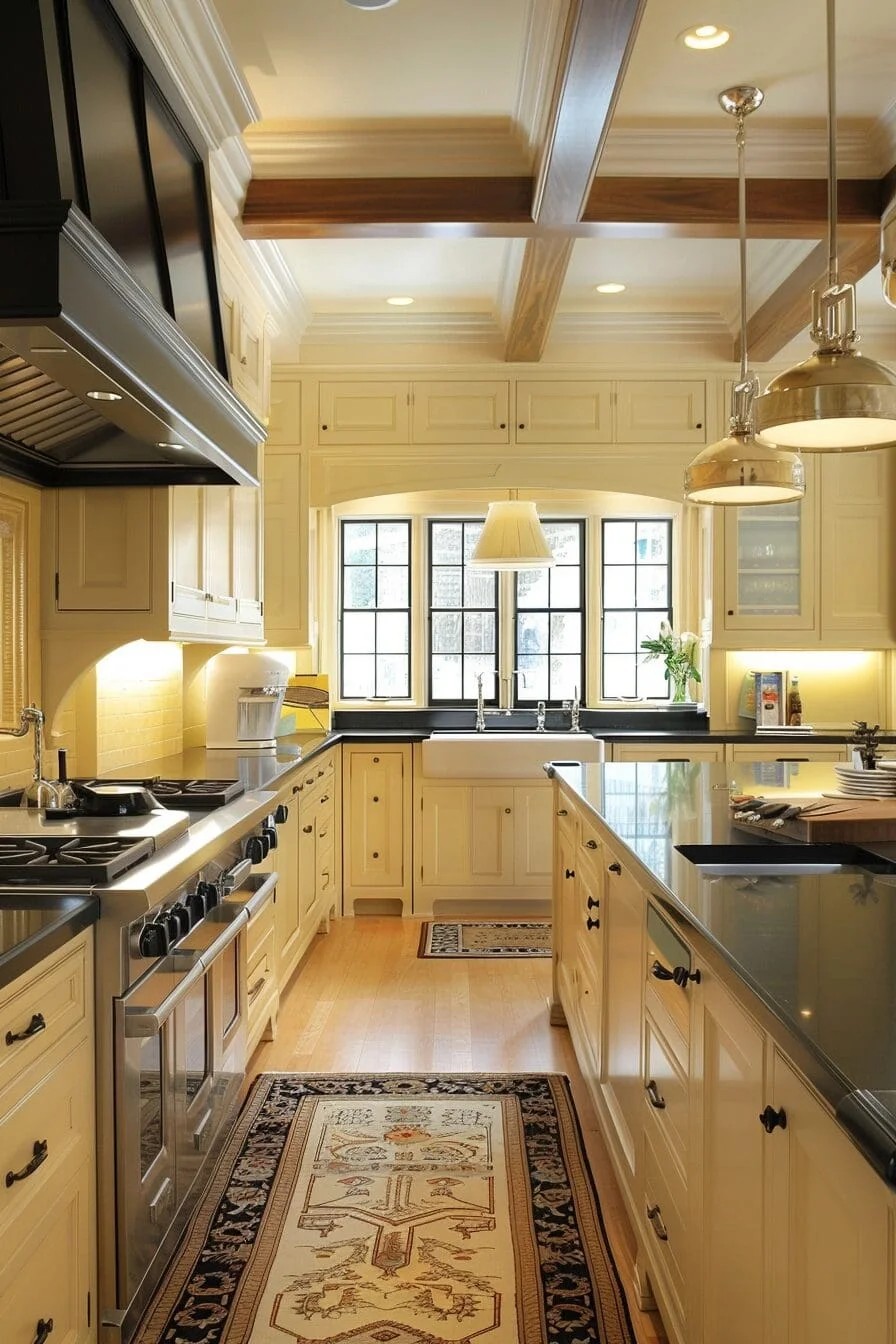 Pale Yellow Cabinets with Black Accents