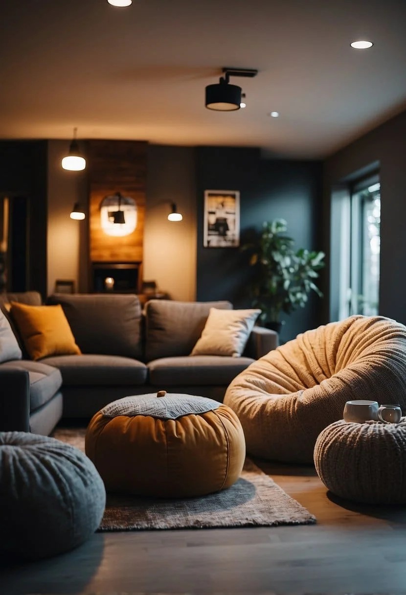 Bean Bags in A Game Room with A Table and Lamp