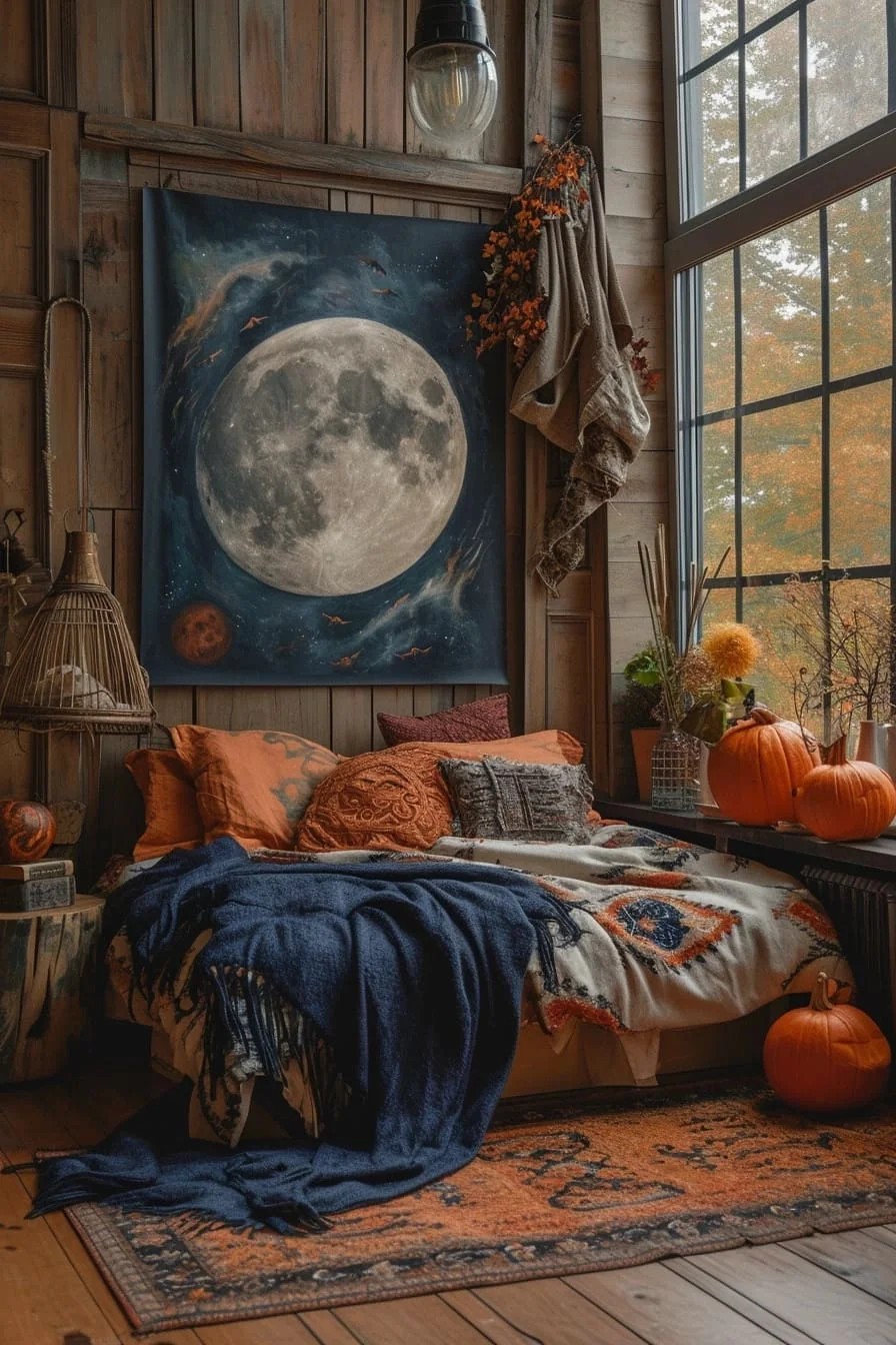 A Halloween Bedroom with a Moon Artwork