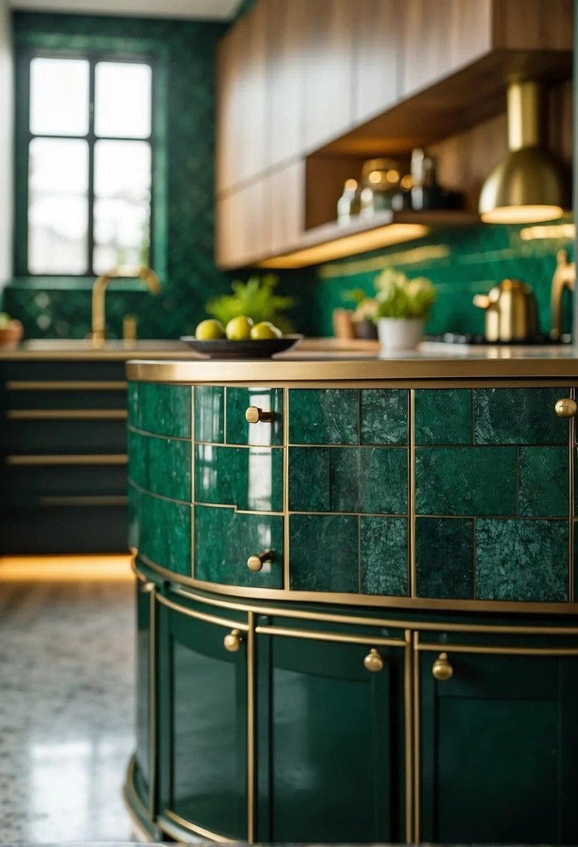 Bottle Green Backsplash and Gold Cabinet Pulls