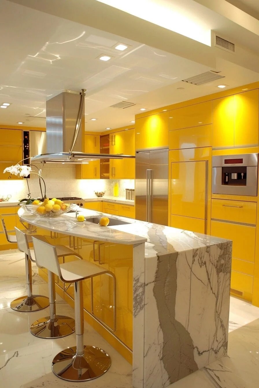 Sleek Yellow with Marble Countertops