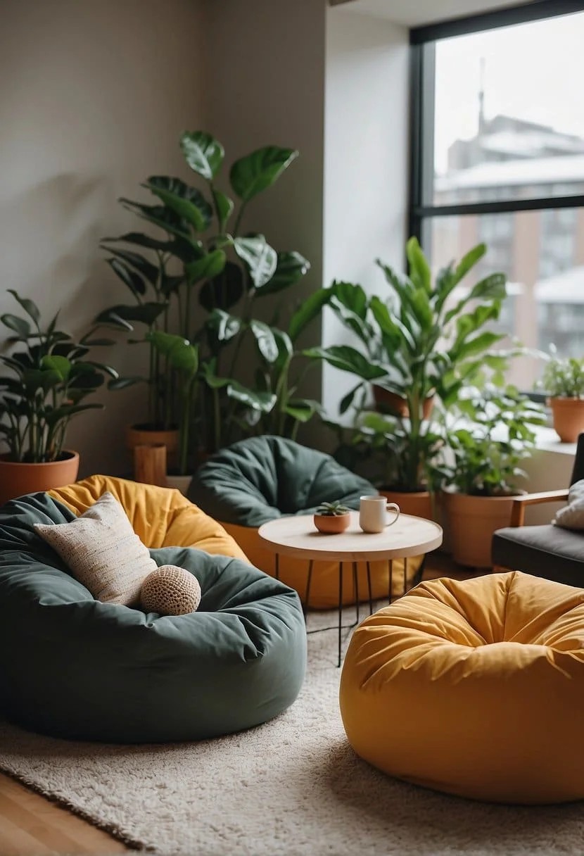 Bean Bags Around a Plant Stand for A Cozy Area