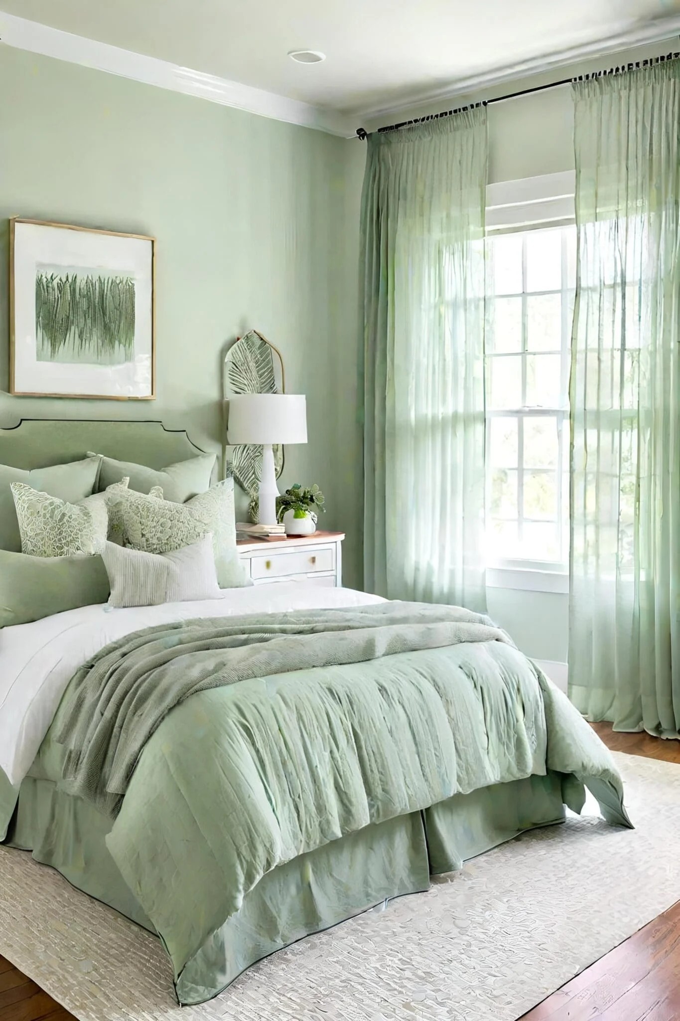 Airy Sage Green Bedroom With Sheer Curtains