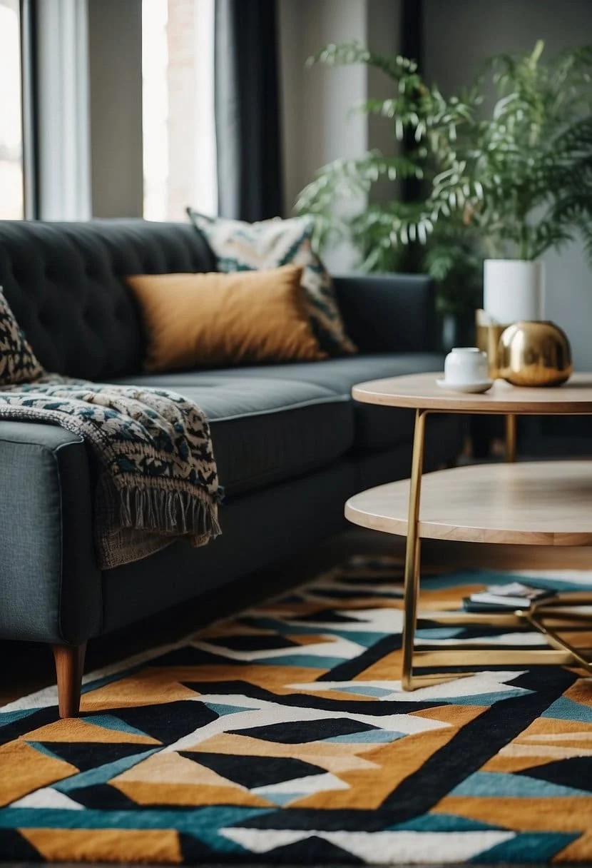 Charcoal Sofa Paired with Bold Geometric Rugs