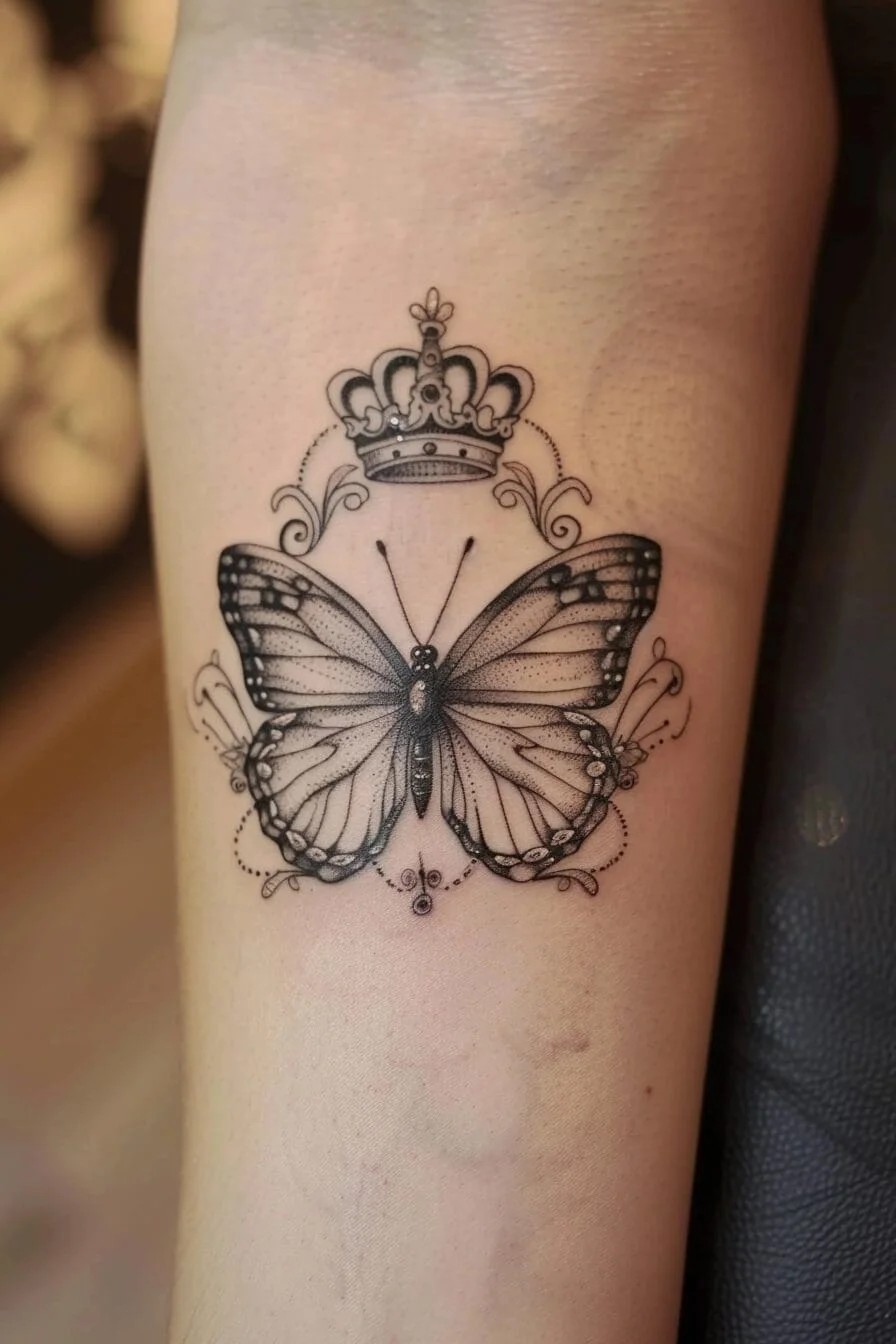 Butterfly with a Crown: Represents royalty, beauty, and the pursuit of one’s dreams