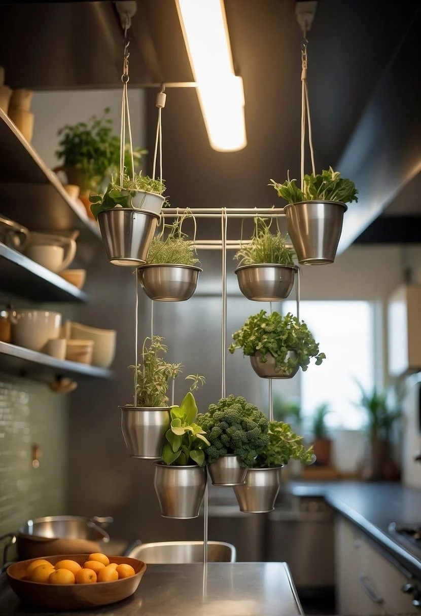 Use Vertical Space Wisely in Your Small Galley Kitchen with Hanging Pots