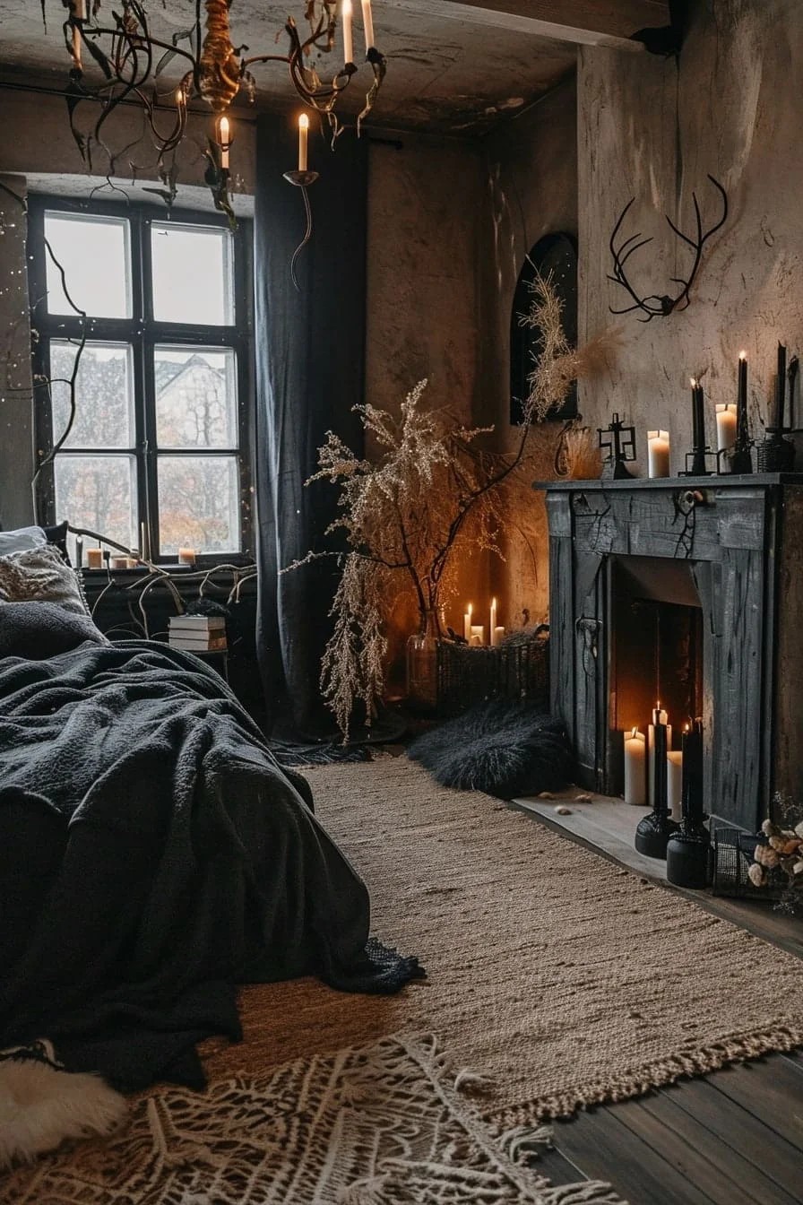 A Halloween Bedroom with Black Candles