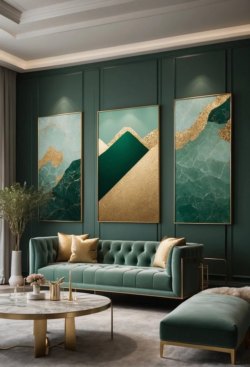 Seafoam Green Artwork with Gold Shelves