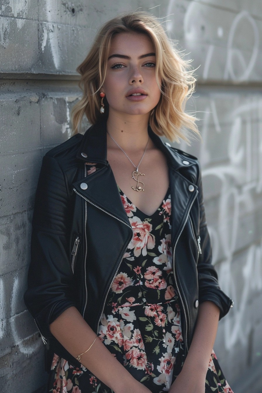 Flowy Floral Dress With A Leather Jacket