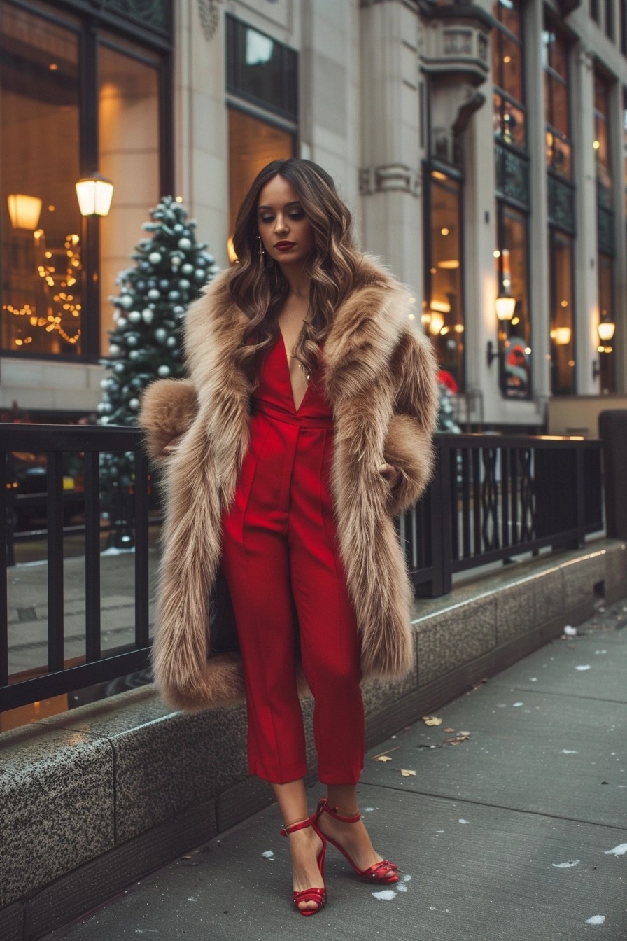 Jumpsuit + Faux Fur Coat + Heels