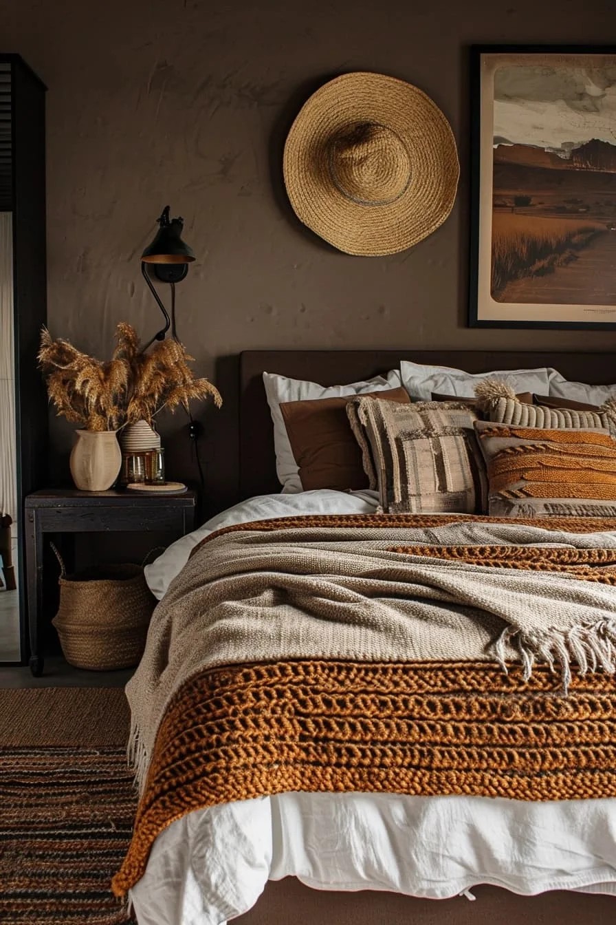 Bohemian Chic Brown Bedroom with Eclectic Accessories