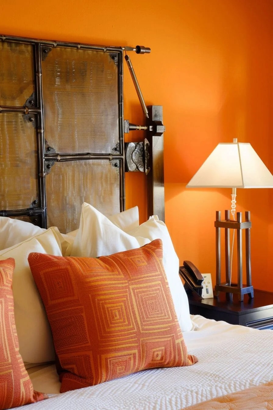 Wood Headboard with Orange Accents