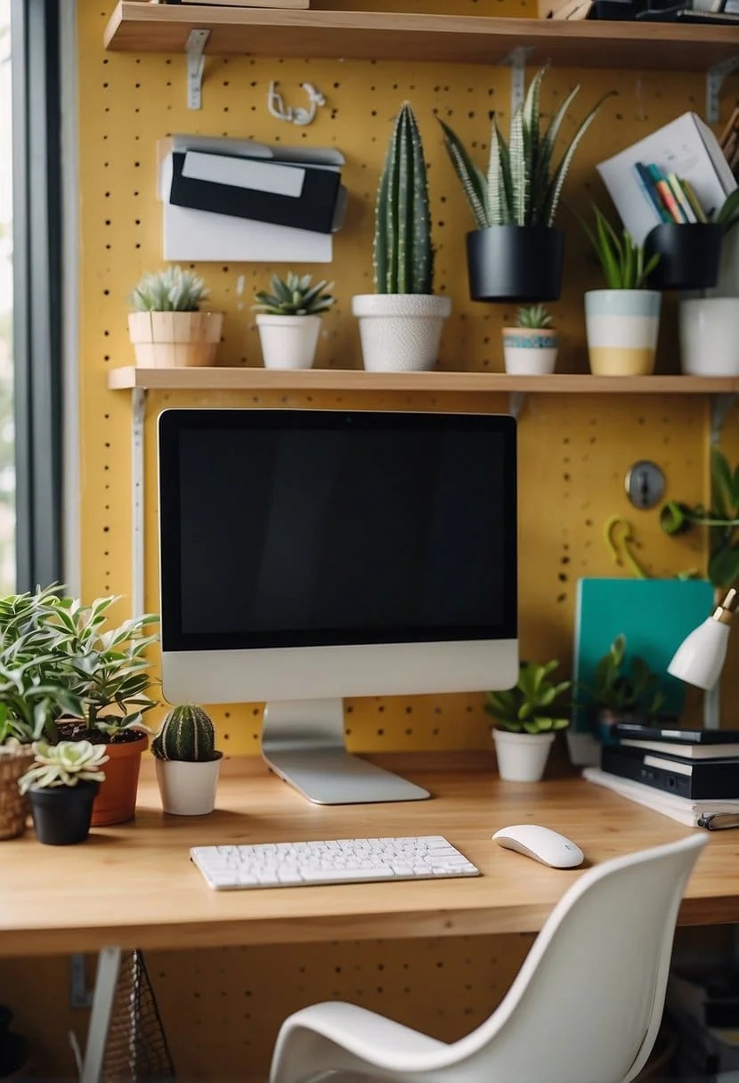 Home Office With A Creative Pegboard Wall