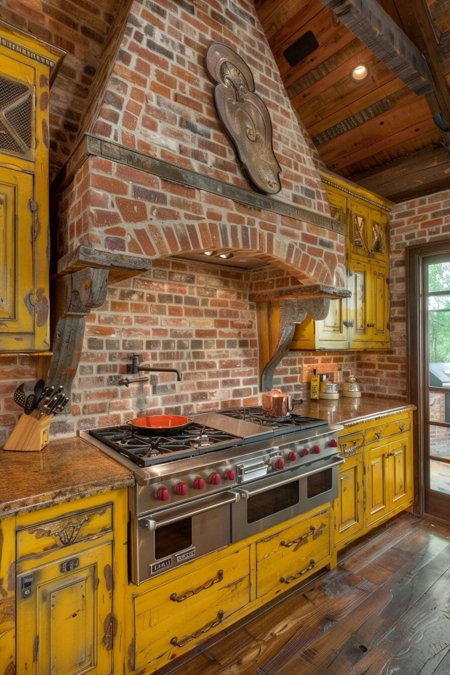 Rustic Yellow with Brick Backsplash