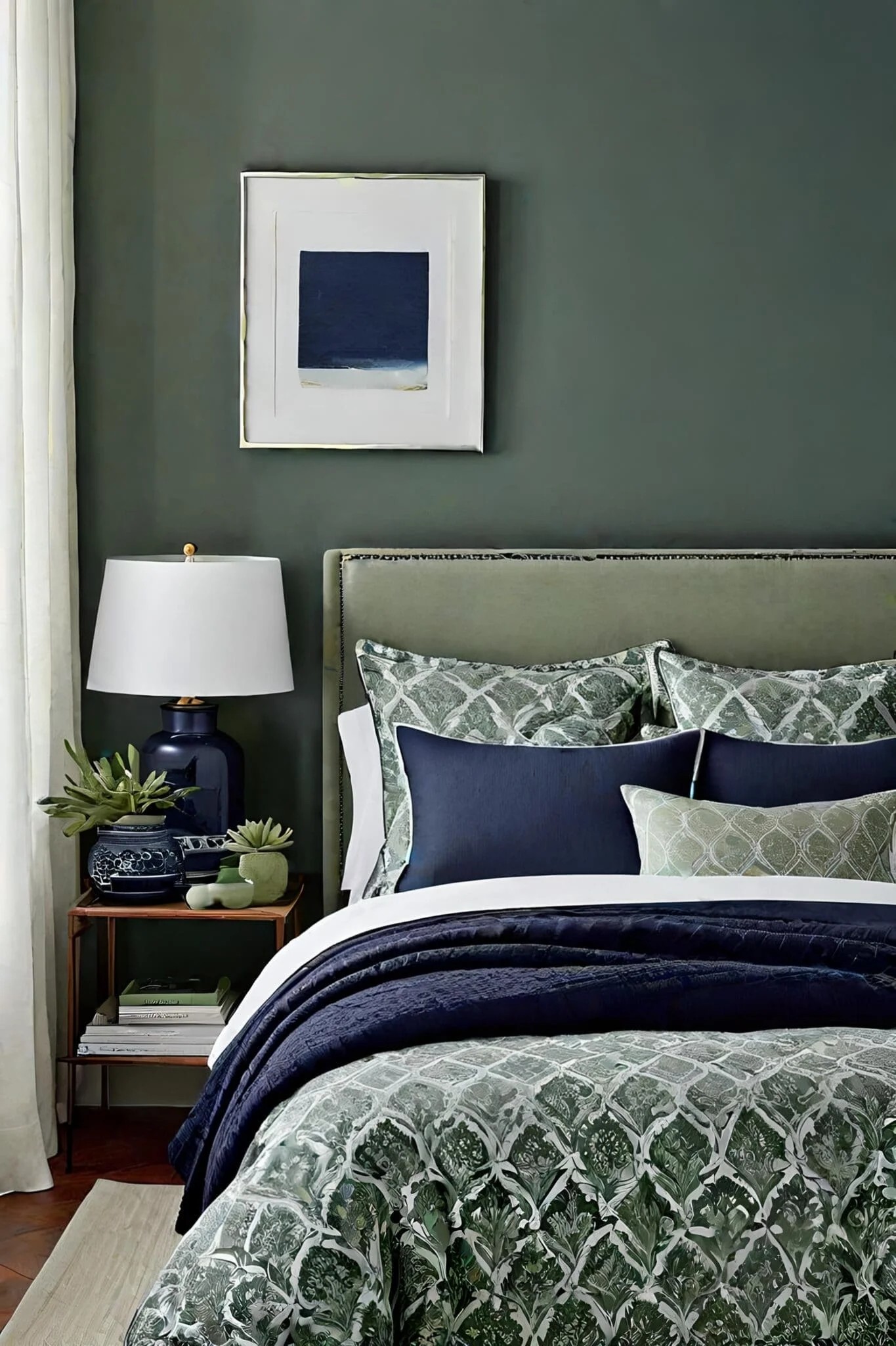 Sage Green And Navy Bedroom For A Dramatic Contrast