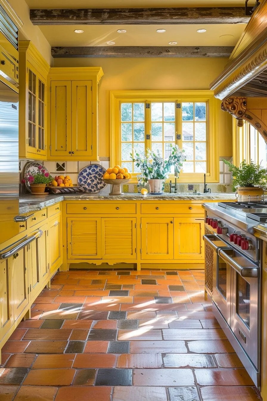 Bright Yellow Kitchen with Terracotta Floor Tiles