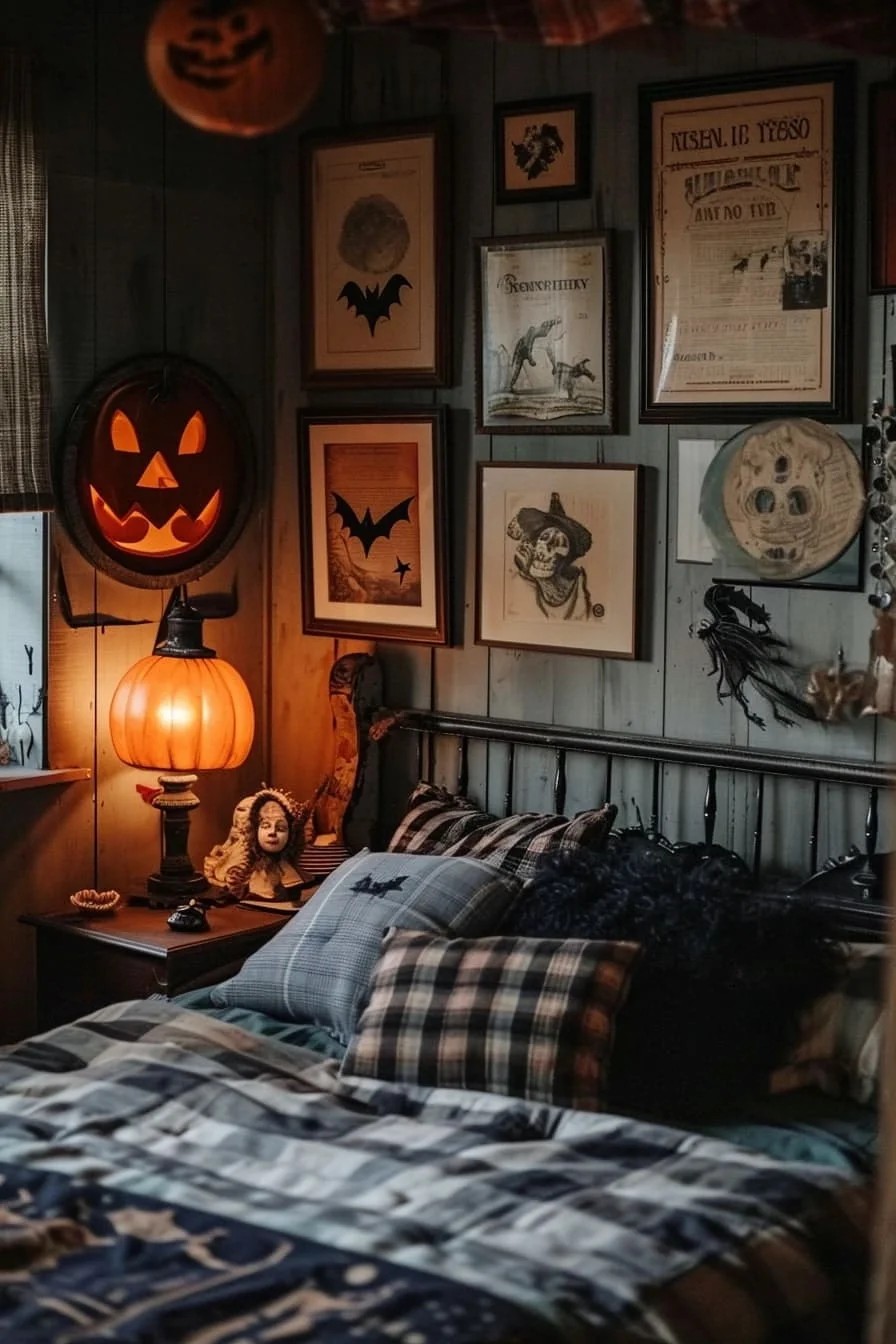 A Halloween Bedroom with Framed Vintage Halloween Illustrations