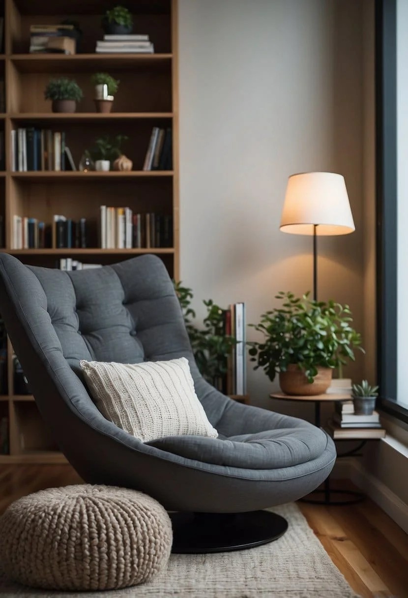 Reading Nook with Bean Bag, Lamp, and Bookshelf