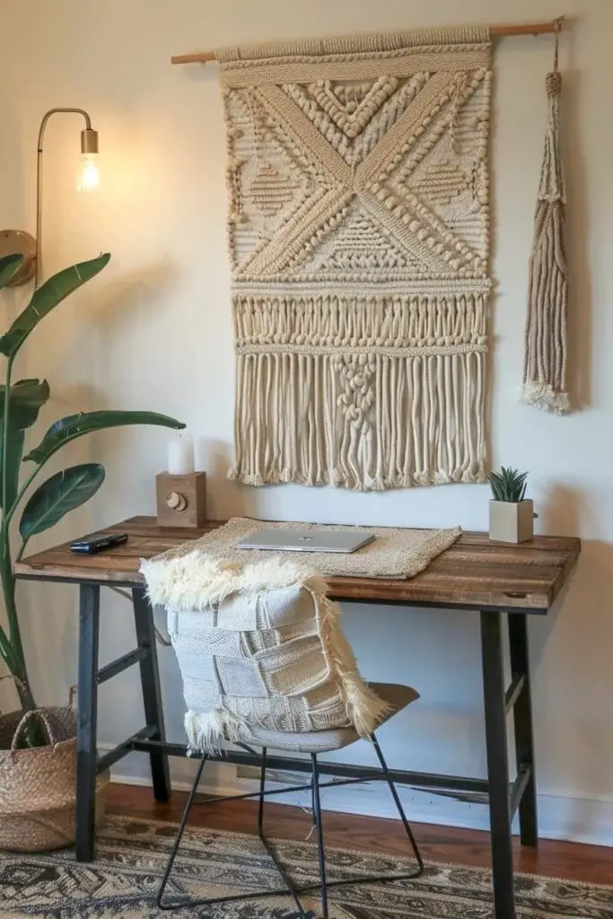 Home Office Setup with Woven Wall Hanging