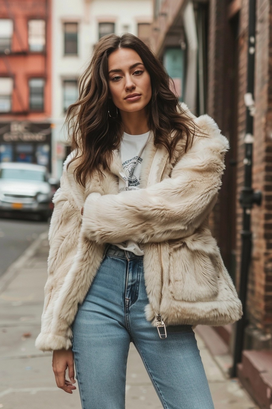 Faux Fur Jacket With Jeans And A Tee