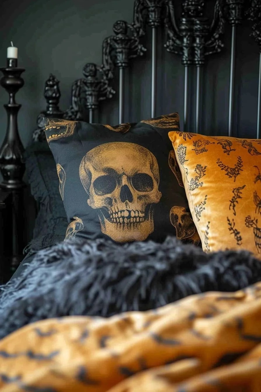 A Halloween Bedroom with Some Spooky Throw Pillows