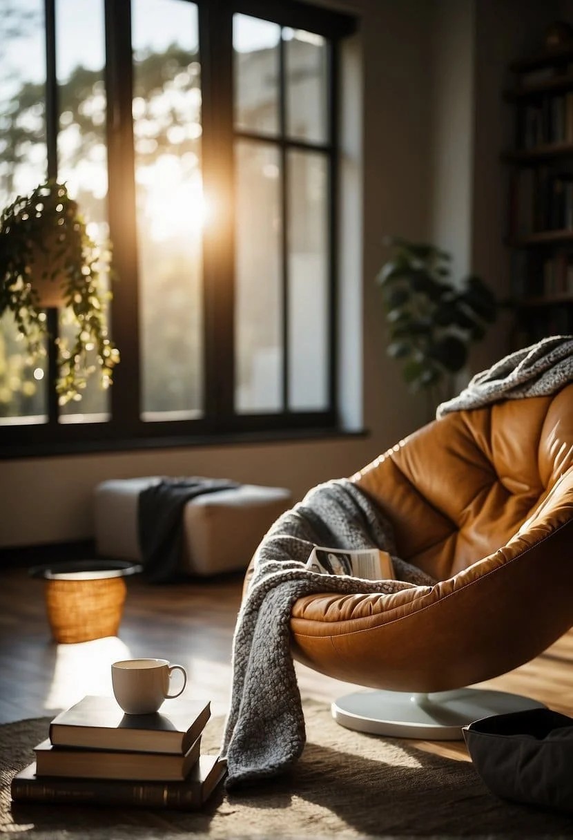 Bean Bag in A Sunny Reading Spot with A Side Table and Blanket