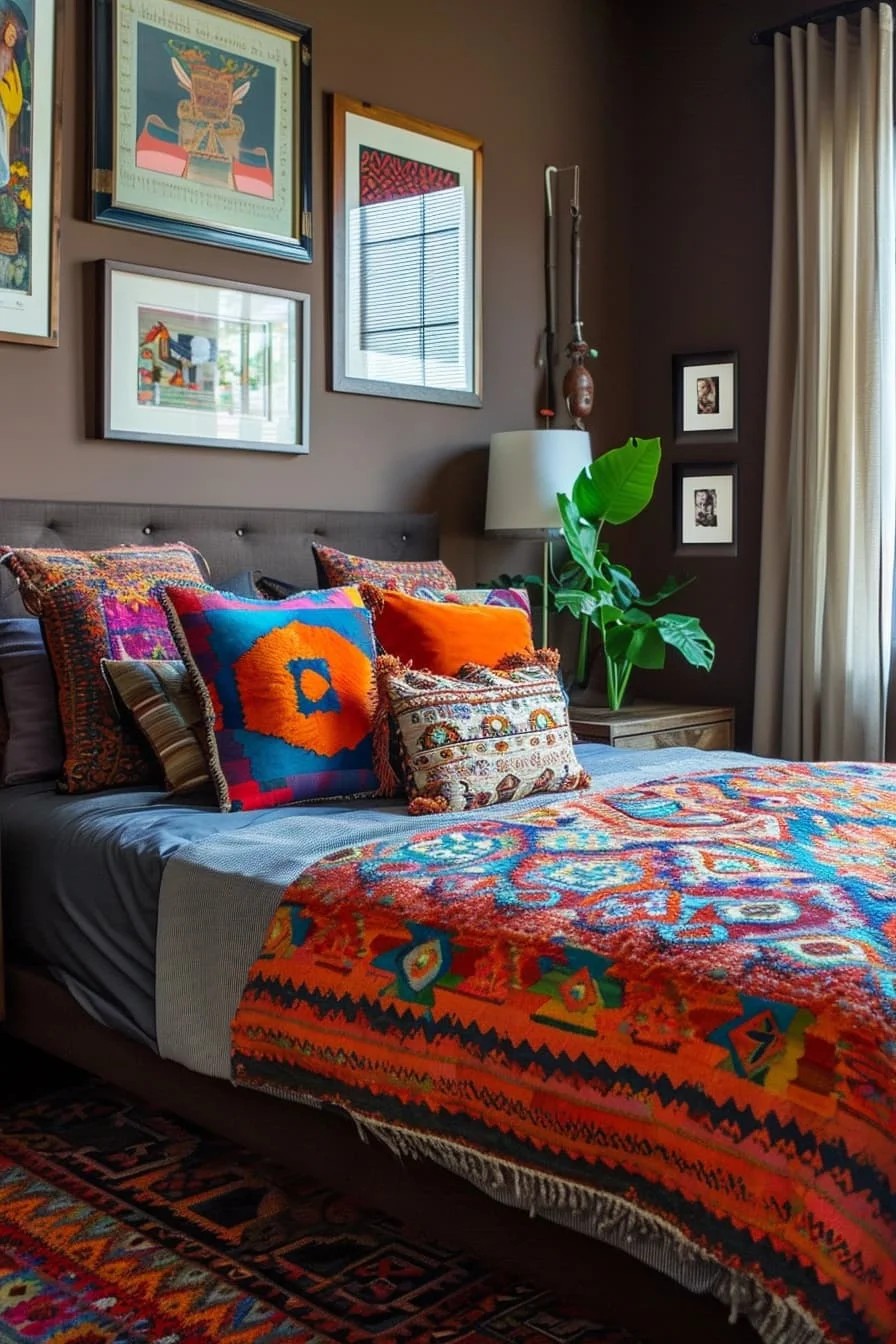 Vibrant Brown Bedroom with Colorful Textiles and Artwork