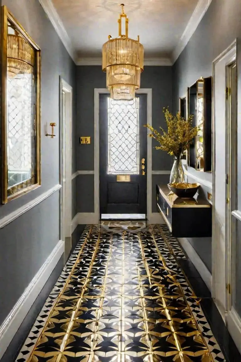 Art Deco Small Hallway With Patterned Floor And Gold Accents