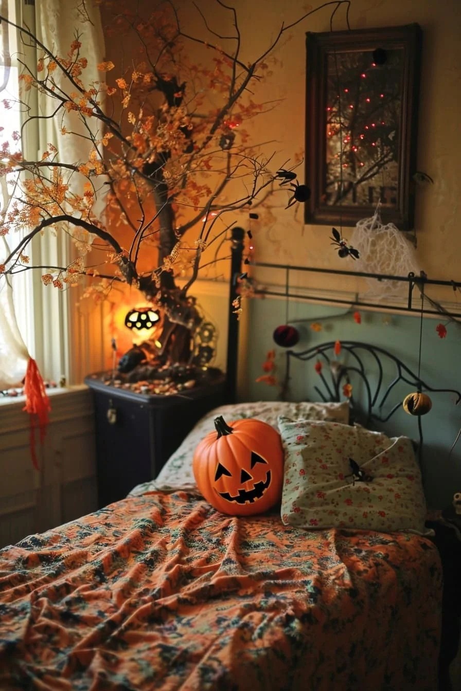 A Halloween Bedroom with a Halloween Tree