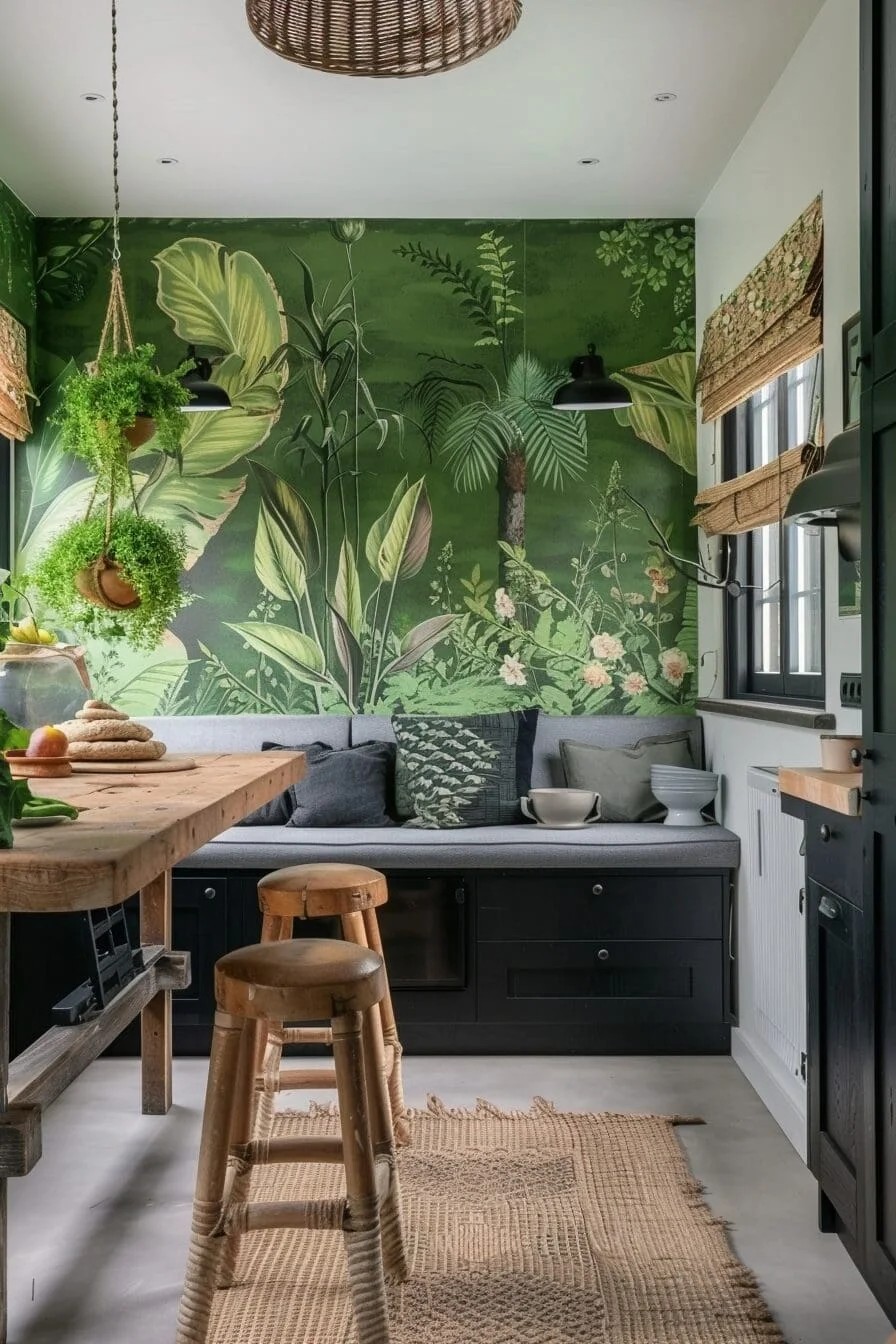 Green Wallpaper with Botanical Prints