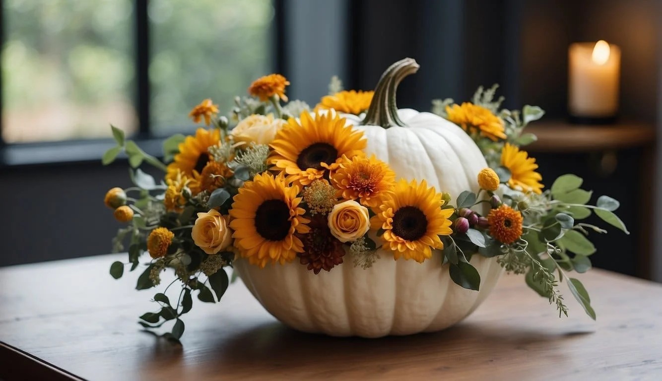 White Pumpkin Vase with Autumn Florals