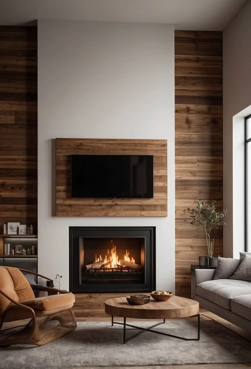 Wood Paneling Accent Wall And Fireplace