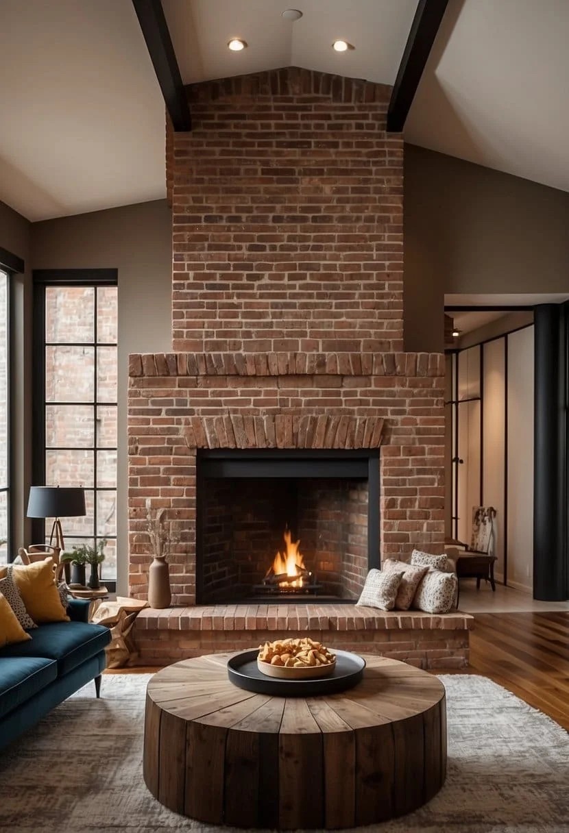 Floor-To-Ceiling Brick Accent Wall For Fireplace