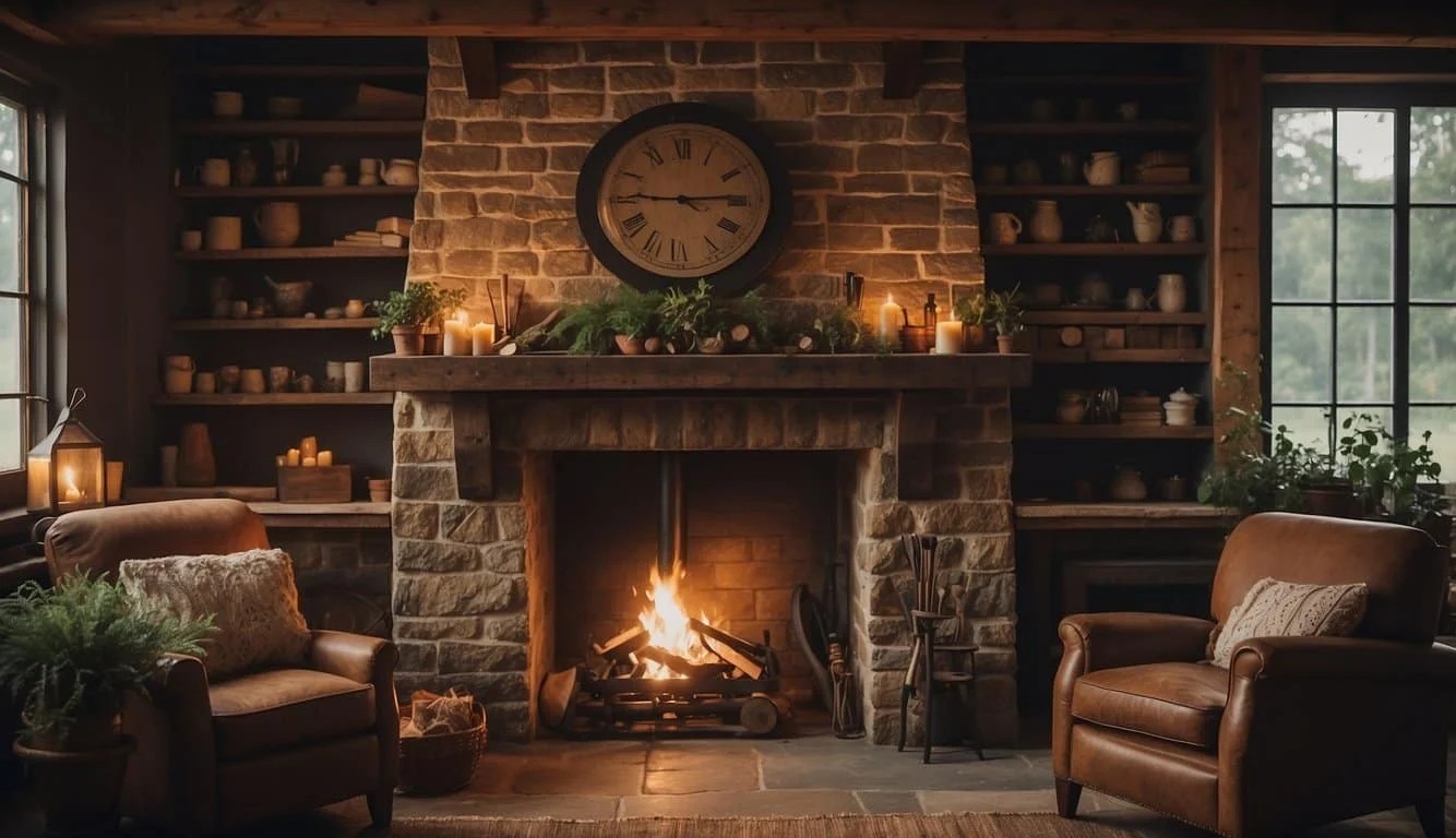 Vintage-Inspired Farmhouse Fireplace With Antique Tools