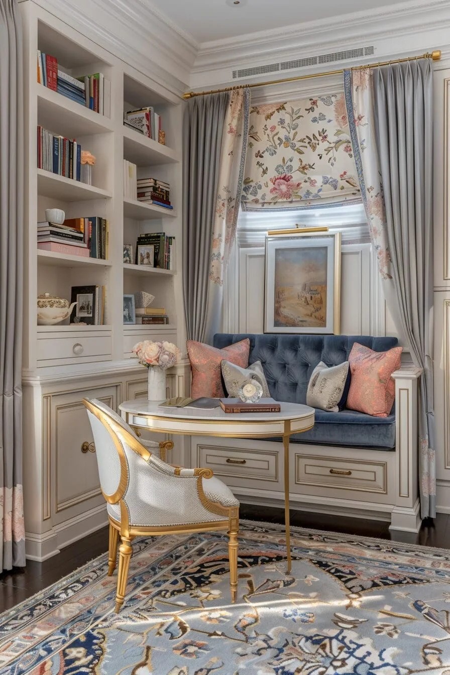 Feminine Home Office With A Cozy Reading Nook